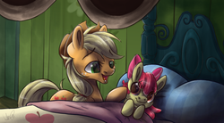 Size: 853x470 | Tagged: safe, artist:ebonytails, apple bloom, applejack, earth pony, pony, bloom & gloom, g4, bed, duo, female, filly, lullaby, mare, on bed, open mouth, scene interpretation, siblings, singing, sisters
