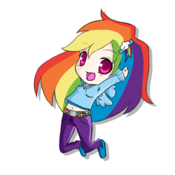 Size: 800x800 | Tagged: safe, artist:rhamana, rainbow dash, human, g4, belly button, chibi, clothes, female, humanized, jumping, midriff, solo, sweater