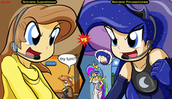 Size: 3897x2244 | Tagged: safe, artist:ryured, button mash, princess celestia, princess luna, oc, oc:cream heart, human, gamer luna, g4, gaming, high res, humanized, humanized oc, story in the comments