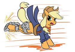 Size: 1040x720 | Tagged: safe, artist:jargon scott, applejack, earth pony, pony, g4, armor, bandana, bucking, clothes, coat, crossover, female, gene, god hand, hat, solo