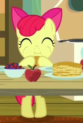 Size: 375x550 | Tagged: safe, screencap, apple bloom, earth pony, pony, bloom & gloom, g4, adorabloom, apple, berry, bipedal, bowl, breakfast, cute, eating, eyes closed, female, filly, herbivore, pancakes, puffy cheeks, smiling, solo, table