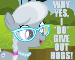 Size: 750x600 | Tagged: safe, screencap, silver spoon, bloom & gloom, g4, caption, cute, female, glasses, hug, image macro, open mouth, smiling, solo