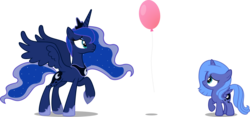 Size: 6004x2818 | Tagged: safe, artist:zacatron94, princess luna, alicorn, pony, g4, absurd resolution, balloon, duality, filly, sad, self ponidox, simple background, spread wings, time paradox, transparent background, wings, woona