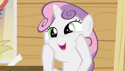 Size: 1920x1080 | Tagged: safe, screencap, sweetie belle, pony, unicorn, bloom & gloom, g4, cute, diasweetes, female, filly, marshmallow, open mouth, solo, squishy cheeks, sweetie belle is a marshmallow too