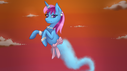 Size: 1366x768 | Tagged: safe, artist:oosolareclipseoo, edit, oc, oc only, oc:parcly taxel, alicorn, genie, pony, albumin flask, alicorn oc, bracelet, cropped, djinn, earring, horn, horn ring, how, looking at you, meh, necklace, piercing, shantae, solo, sunset, wallpaper