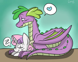 Size: 1024x819 | Tagged: safe, artist:momo-muddycakes, spike, sweetie belle, g4, female, male, older, older spike, ship:spikebelle, shipping, sleeping, straight, winged spike, wings