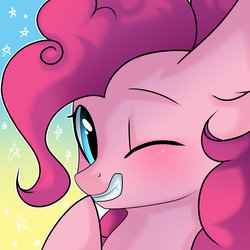 Size: 1024x1024 | Tagged: safe, artist:yanshiki, pinkie pie, g4, blushing, bust, close-up, cute, diapinkes, female, gradient background, portrait, smiling, solo, stars, wink