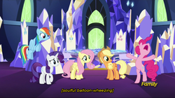 Size: 1365x765 | Tagged: safe, edit, edited screencap, screencap, applejack, fluttershy, pinkie pie, rainbow dash, rarity, castle sweet castle, g4, descriptive noise, discovery family logo, friendship rainbow kingdom castle, meme