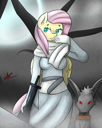 Size: 1024x1280 | Tagged: safe, artist:wolfy-pony, angel bunny, fluttershy, anthro, g4, bloodborne, crossover