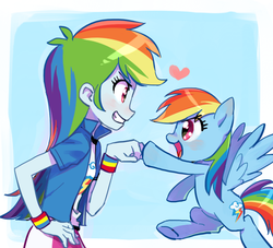 Size: 551x500 | Tagged: dead source, safe, artist:baekgup, rainbow dash, human, pegasus, pony, equestria girls, g4, blushing, clothes, cute, dashabetes, female, fist bump, grin, hand on hip, heart, hoofbump, human ponidox, looking at each other, looking at someone, mare, open mouth, open smile, self ponidox, skirt, smiling, smiling at each other, square crossover, wristband