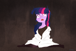 Size: 1280x853 | Tagged: safe, artist:gmrqor, sci-twi, twilight sparkle, equestria girls, g4, clothes, female, flustered, lab coat, looking up, messy hair, off shoulder, off shoulder sweater, open mouth, simple background, solo, sweater