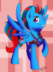 Size: 757x1024 | Tagged: safe, artist:probablyfakeblonde, oc, oc only, oc:swiftwing, pegasus, pony, looking at you, smiling, solo, spread wings