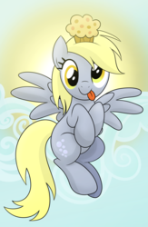 Size: 6750x10350 | Tagged: safe, artist:drawponies, derpy hooves, pegasus, pony, g4, absurd resolution, cloud, cute, derpabetes, female, flying, mare, muffin, muffin queen, solo, tongue out