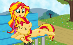 Size: 1923x1195 | Tagged: safe, artist:majkashinoda626, sunset shimmer, human, pony, unicorn, equestria girls, g4, boots, clothes, cute, duo, human ponidox, nature, self ponidox, shimmerbetes, shoes, skirt, square crossover