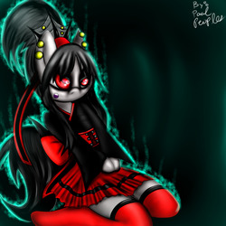 Size: 1280x1280 | Tagged: safe, artist:paulpeopless, oc, oc only, oc:paulpeoples, anthro, :o, arm hooves, clothes, cute, ear piercing, glowing, goth, gothic, japan, kneeling, looking at you, piercing, red eyes, sidemouth, skirt, socks, solo, thigh highs, wa-loli