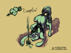 Size: 1660x1233 | Tagged: safe, artist:flyingram, oc, oc only, oc:campfire, earth pony, pony, camping, fire, limited palette, ponytail, sketch, tumblr