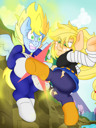 Size: 1700x2250 | Tagged: safe, artist:blackbewhite2k7, applejack, rainbow dash, g4, android 18, anime, broken wing, crossover, dragon ball, dragon ball z, fight, kicking, super saiyan, vegeta