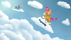 Size: 1280x720 | Tagged: safe, artist:yuukon, rainbow dash, scootaloo, g4, cloud, cloudy, scooter, waving