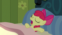 Size: 1280x720 | Tagged: safe, screencap, apple bloom, earth pony, pony, bloom & gloom, g4, bed, sleeping, snoring, solo