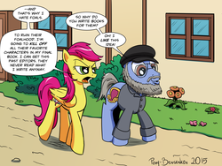 Size: 1024x768 | Tagged: safe, artist:pony-berserker, oc, oc:sweet words, earth pony, pegasus, pony, a song of ice and fire, beard, clothes, comic, crossover, dialogue, duo, facial hair, female, game of thrones, george r.r. martin, glasses, hat, male, mare, ponified, shirt, speech bubble, stallion, talking