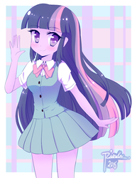 Size: 962x1243 | Tagged: safe, artist:riouku, twilight sparkle, equestria girls, g4, clothes, cute, female, looking at you, moe, school uniform, schoolgirl, skirt, smiling, solo, twiabetes, waving