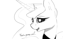 Size: 1280x789 | Tagged: safe, artist:darkflame75, princess luna, lunadoodle, g4, cool, female, looking at you, monochrome, solo, talking to viewer