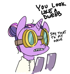 Size: 547x573 | Tagged: safe, artist:nobody, twilight sparkle, g4, braces, clothes, dialogue, female, goggles, lab coat, safety goggles, solo