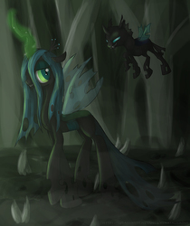 Size: 1673x1994 | Tagged: safe, artist:xenatalhaoui, queen chrysalis, changeling, changeling queen, g4, crown, fangs, female, flying, glowing, glowing horn, horn, jewelry, regalia, transparent wings, wings