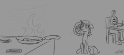 Size: 1473x658 | Tagged: safe, artist:bubsakavermin, oc, oc only, oc:amber rose (thingpone), oc:anon, oc:thingpone, /mlp/, anonymous, eldritch abomination, fear, fire, frying pan, grayscale, monochrome, pyrophobia, scared, steak, stove, sweating towel guy, tentacles