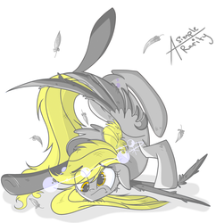 Size: 2900x3000 | Tagged: safe, artist:asimplerarity, derpy hooves, pegasus, pony, g4, backbend, bruised, crash, feather, female, floppy ears, high res, mare, simple background, solo