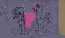 Size: 1280x740 | Tagged: safe, artist:violo, rarity, twilight sparkle, g4, blushing, clothes, dusk shine, female, glowing horn, half r63 shipping, horn, male, rule 63, ship:rarilight, shipping, snow, snowfall, straight