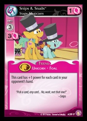 Size: 360x503 | Tagged: safe, apple bloom, snails, snips, g4, absolute discord, card, ccg, enterplay