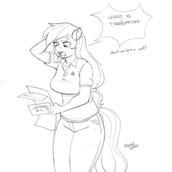 Size: 900x900 | Tagged: safe, artist:kevinsano, applejack, anthro, g4, bill, clothes, female, grayscale, jeans, monochrome, solo