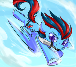Size: 2000x1767 | Tagged: safe, artist:lustrous-dreams, oc, oc only, oc:andrew swiftwing, pegasus, pony, flying, knife, male, sky, solo, stallion, unshorn fetlocks