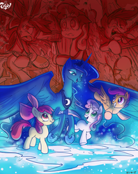 Size: 617x778 | Tagged: safe, artist:jowyb, apple bloom, princess luna, scootaloo, sweetie belle, alicorn, earth pony, pegasus, pony, unicorn, bloom & gloom, for whom the sweetie belle toils, g4, sleepless in ponyville, apple bloom's bow, blank flank, bow, crown, cutie mark crusaders, dream walker luna, female, filly, foal, hair bow, jewelry, mare, nightmare, open mouth, protecting, regalia, signature, spread wings