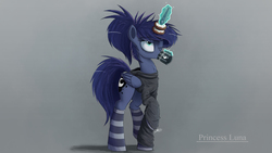 Size: 3000x1688 | Tagged: safe, artist:ncmares, princess luna, alicorn, pony, ask majesty incarnate, g4, alternate hairstyle, clothes, coffee, donut, female, high ponytail, horn, horn impalement, magic, mare, one eye closed, ponytail, socks, solo, striped socks, telekinesis, text, the uses of unicorn horns