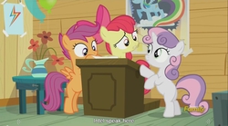 Size: 1281x713 | Tagged: safe, screencap, apple bloom, scootaloo, sweetie belle, bloom & gloom, g4, cutie mark crusaders, intel, meme, rainbow dash poster, youtube caption