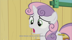 Size: 1282x714 | Tagged: safe, screencap, sweetie belle, bloom & gloom, g4, my little pony: friendship is magic, meme, youtube caption