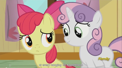 Size: 1281x715 | Tagged: safe, screencap, apple bloom, sweetie belle, bloom & gloom, g4, my little pony: friendship is magic, meme, youtube caption