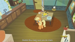 Size: 1281x716 | Tagged: safe, screencap, applejack, earth pony, bloom & gloom, g4, blueberry, food, kitchen, kitchen sink, lamp, meme, pancakes, solo, whipped cream, youtube caption
