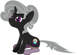 Size: 1424x1028 | Tagged: safe, artist:sketchy brush, oc, oc only, oc:empire, pony, unicorn, black fur, clock, clothes, gray mane, hourglass, purple eyes, serious, simple background, solo, stockings, transparent background, vector