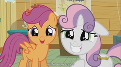 Size: 1282x715 | Tagged: safe, screencap, scootaloo, sweetie belle, bloom & gloom, g4, meme, youtube caption