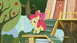 Size: 1281x714 | Tagged: safe, screencap, apple bloom, earth pony, pony, bloom & gloom, g4, meme, youtube caption