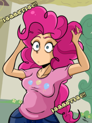 Size: 2550x3434 | Tagged: safe, artist:frankaraya, pinkie pie, human, g4, magic duel, dialogue, female, high res, humanized, no mouth, solo