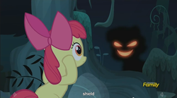 Size: 1282x713 | Tagged: safe, screencap, apple bloom, bloom & gloom, g4, hilarious in hindsight, meme, shadow bloom, youtube caption
