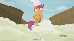 Size: 1280x713 | Tagged: safe, screencap, scootaloo, bloom and gloom, g4, batter, chef's hat, egg beater, female, food, hat, meme, nightmare, scootacook, solo, youtube caption