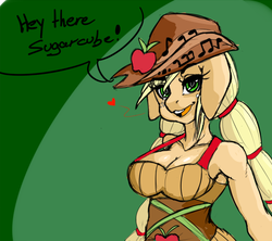 Size: 600x532 | Tagged: safe, artist:catharsis, applejack, anthro, equestria girls, friendship through the ages, g4, 30 minute art challenge, breasts, busty applejack, cleavage, country applejack, dialogue, female, solo
