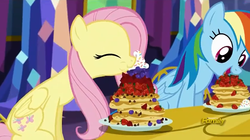 Size: 1354x758 | Tagged: safe, screencap, fluttershy, rainbow dash, pegasus, pony, castle sweet castle, g4, blueberry, cute, eating, eyes closed, female, food, herbivore, mare, open mouth, pancakes, shyabetes, strawberry