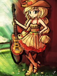 Size: 720x960 | Tagged: safe, artist:lumineko, applejack, equestria girls, friendship through the ages, g4, my little pony equestria girls: rainbow rocks, 30 minute art challenge, alternate clothes, alternate hairstyle, country applejack, female, guitar, looking at you, musical instrument, open mouth, pigtails, sleeveless, solo