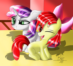 Size: 2220x2000 | Tagged: safe, artist:mrbrunoh1, apple bloom, sweetie belle, earth pony, pony, unicorn, g4, duo, happy, high res, one eye closed, smiling